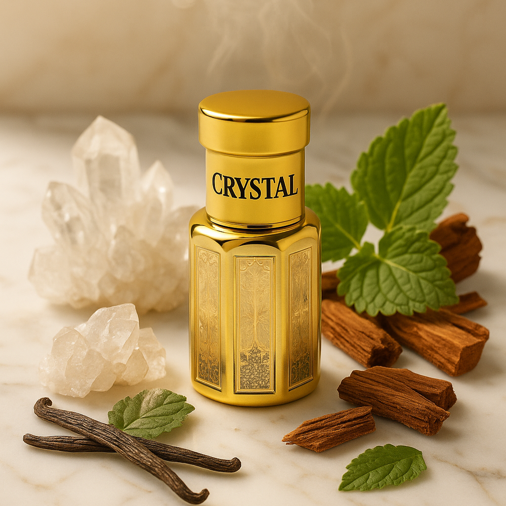 Gold bottle labeled 'Crystal' with vanilla beans, cinnamon sticks, and mint leaves on a marble surface.