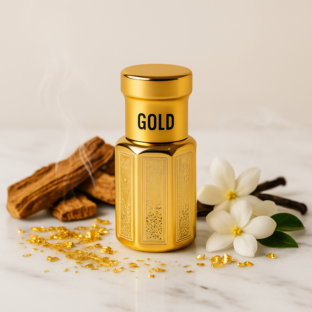 Gold bottle labeled 'GOLD' with vanilla beans and flowers on a light background