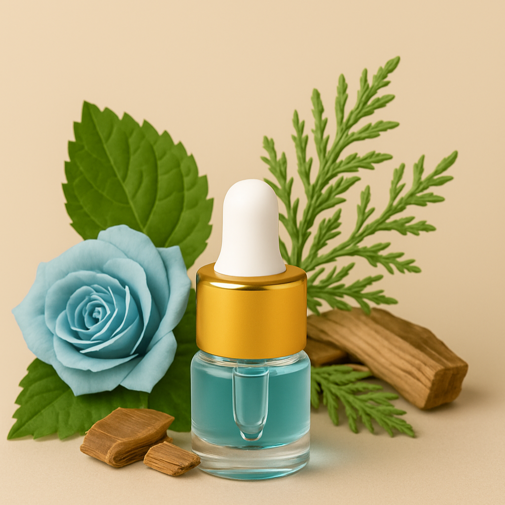 Two small glass dropper bottles with gold caps on a beige background, surrounded by green leaves and a blue flower.