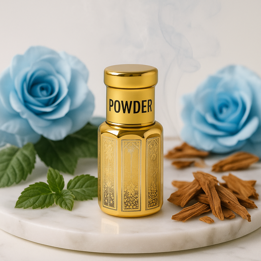 Gold powder container with blue roses and cinnamon sticks on a marble surface