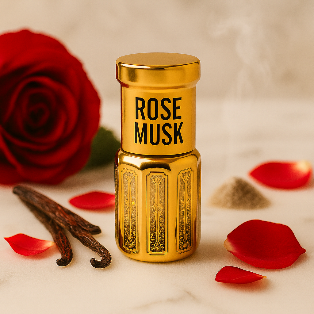 Gold 'Rose Musk' perfume bottle with red rose, vanilla beans, and petals on a beige background