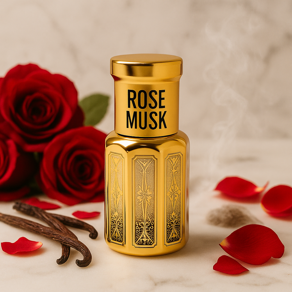 Gold 'Rose Musk' perfume bottle with red roses and vanilla beans on a marble surface.