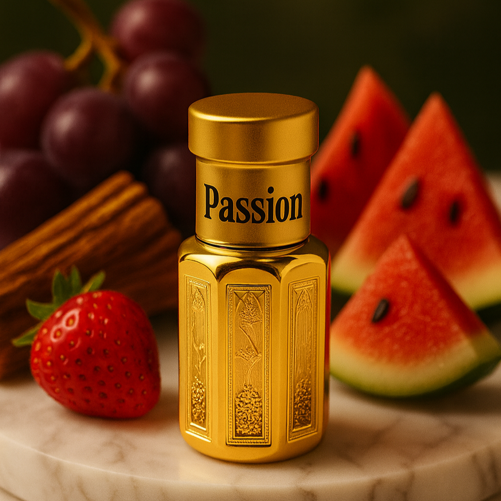 Gold bottle labeled 'Passion' with fruits on a marble surface