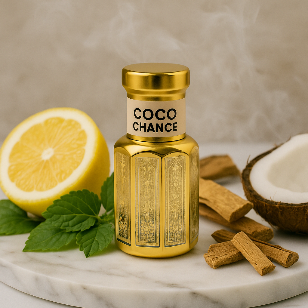 Gold bottle of 'Coco Chance' with lemon, coconut, and cinnamon sticks on a marble surface.