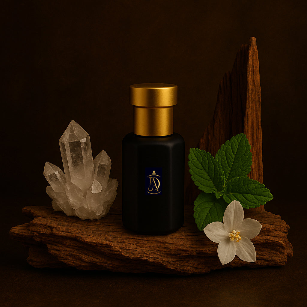Black perfume bottle with gold cap on a wooden surface with crystals and flowers