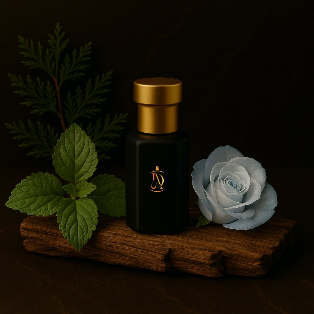 Black perfume bottle with gold cap on a wooden platform with a white rose and green leaves on a dark background